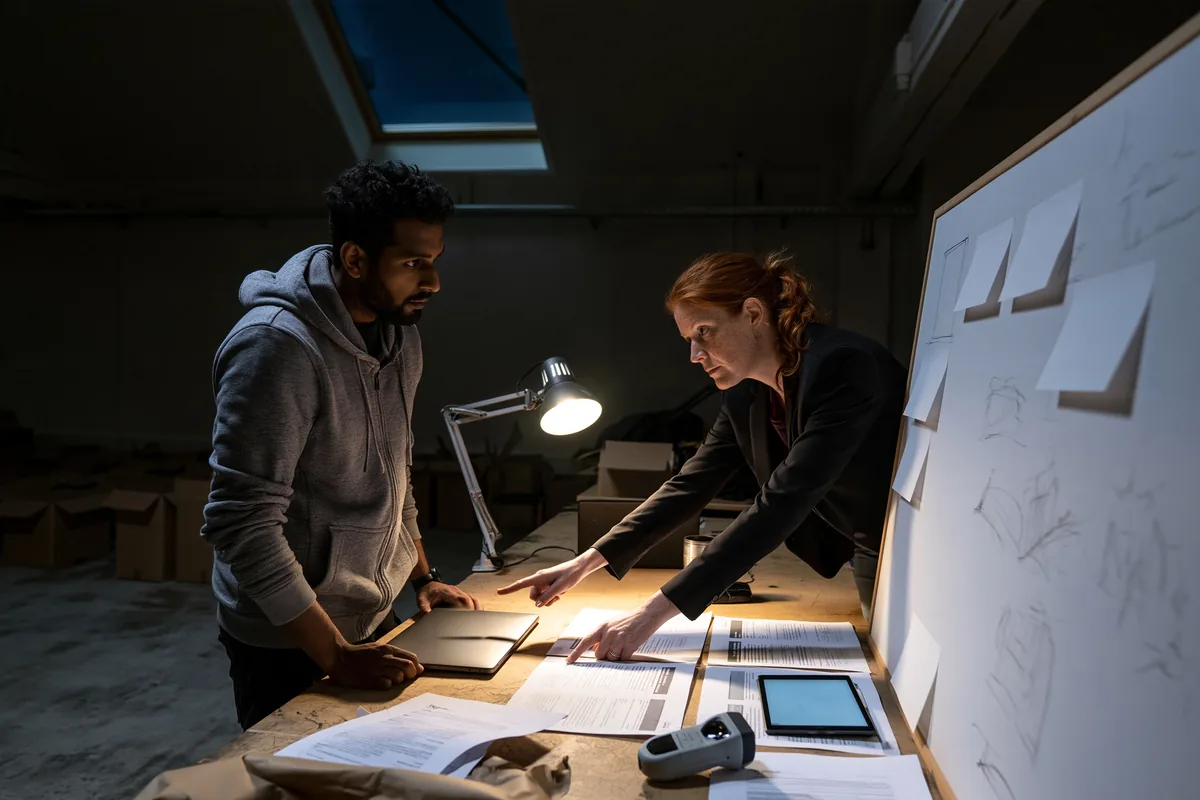Two colleagues laying out course material and a device on a workshop table under one lamp