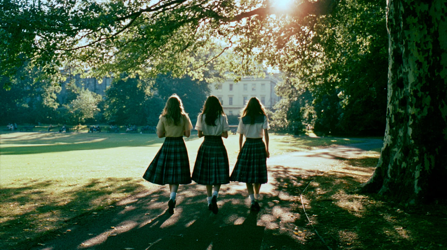 Three women walking together along a tree-lined park path in warm afternoon light
