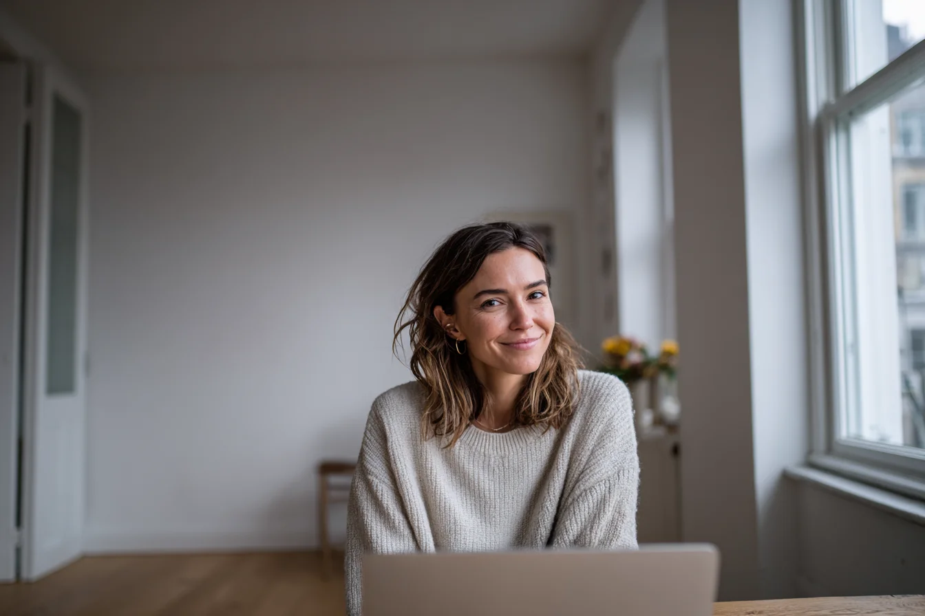 A woman on a video call, facing the camera in a bright room