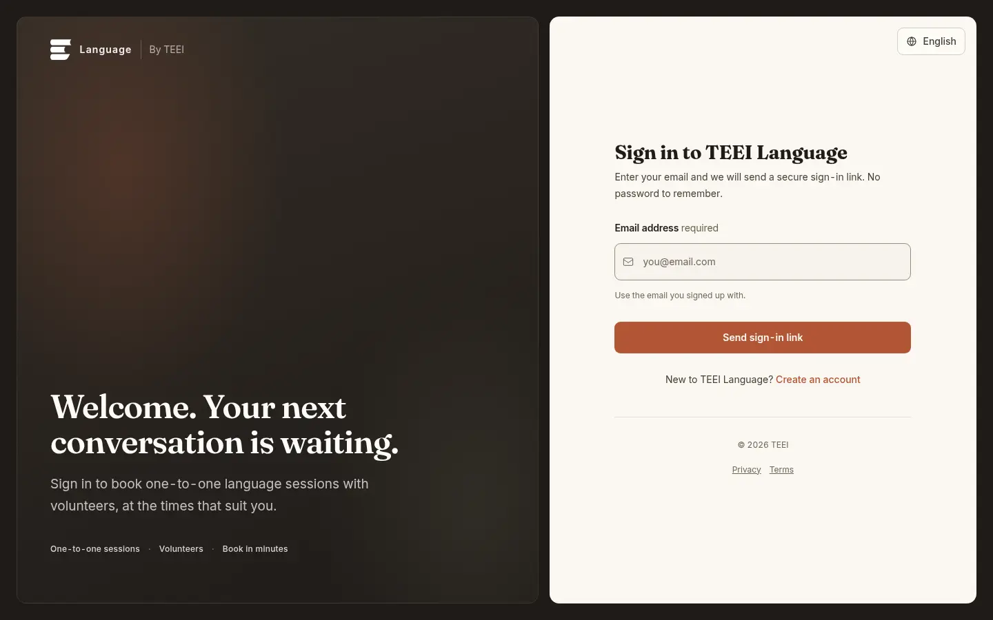The TEEI Language sign-in page: Welcome. Your next conversation is waiting.