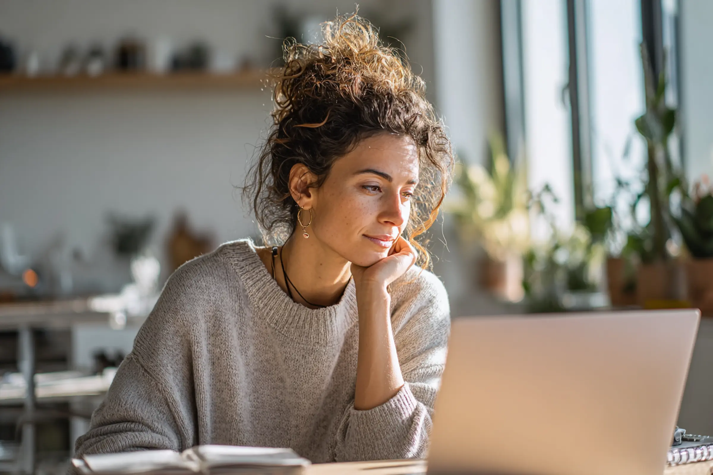 A professional at her laptop in a bright kitchen